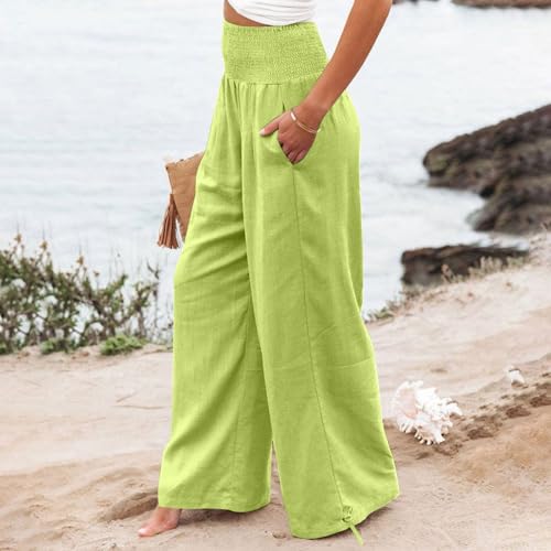 Womens Linen Wide Leg Pants Beach Vacation Outfits Summer Boho Casual Lounge Pant Flowy High Waist Palazzo Trousers4