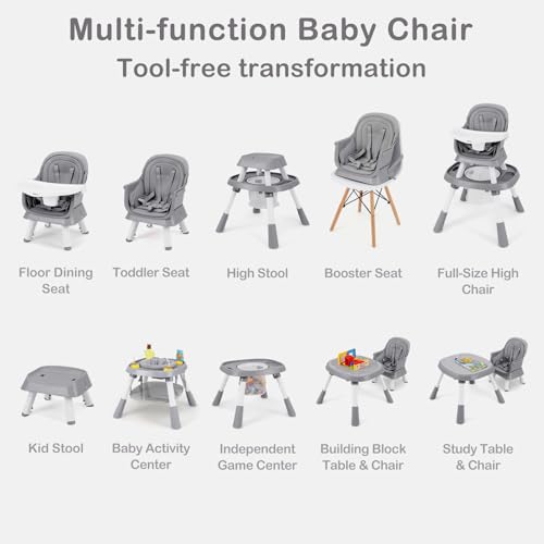 INFANS 9 in 1 High Chair, Convertible Baby Highchair for Babies and Toddlers, Table and Chair Set Building Block Infant Dining Booster Seat, Kids Stool with Activity Children Play Kitchen (Grey)