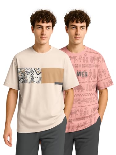 Image of BULLMER Trendy Half Sleeve Oversized Cotton Blend Crew Neck Tshirt for Men - Pack of 2