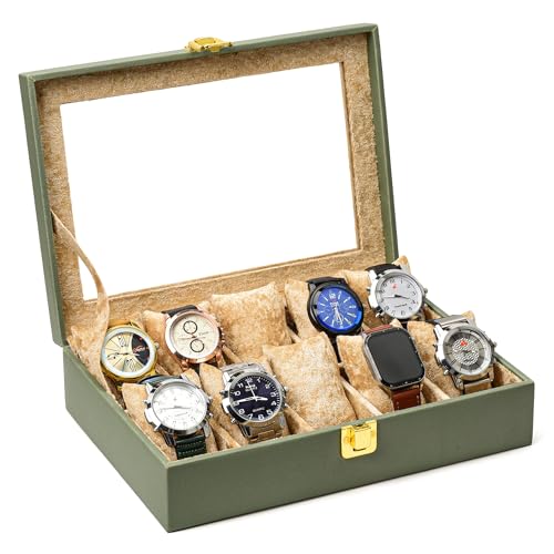 Image of NAAZS Premium Green Leather Watch Organizer Box - 10 Slot Display Case with Velvet Cushions & Transparent Lid for Men's Wrist Watches, Jewelry Storage Gift Box for Men & Women, Travel & Home Use