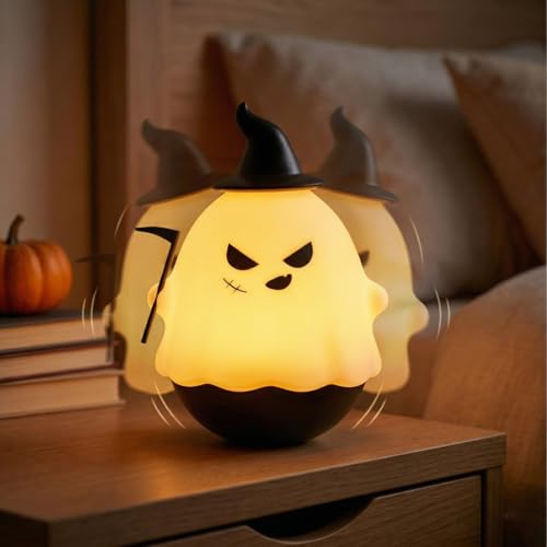 Ghost Night Light, Cute Silicone Roly-Poly Nursery Lamp with 3 Colors, Interactive Wobble Fidget Decor for Desk, Rechargeable Night Light for Kids, Eye-Caring Bedside Light Gift for Girls Teens Women