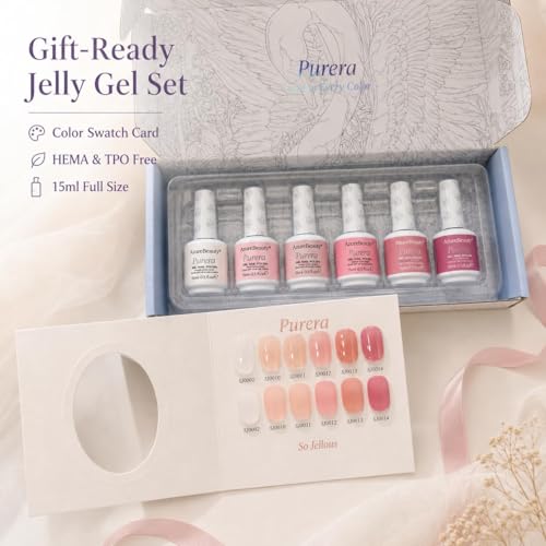 Image of AZUREBEAUTY 6 Colors 15ml HEMA Free Jelly Purera Gel Nail Polish Set, Same Color Bottles, Soak Off UV LED Gel Polish Kit Nail Art for DIY at Home Manicure Salon Gifts, Milky White Pink Neutral Sheer