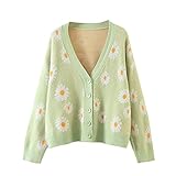 Women Y2K Floral Print Knit Cardigan Sweater Long Sleeve V Neck Button Down Sweater Vintage Aesthetic 90s Outerwear Tops (Green, OneSize)