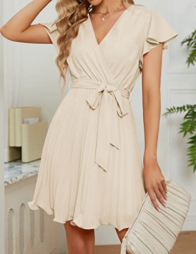 Zesica Women's Wrap V Neck Mini Dress 2023 Summer Flutter Sleeve Tie Waist Pleated A Line Swing Wedding Party Short Dresses,Apricot,Medium #TOP6