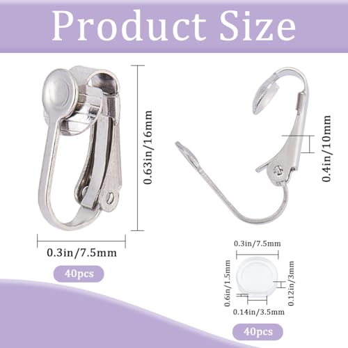 SOFPLATE 1 Box 40Pcs Silver Earring Converter Clip on Earrings Converter Stainless Steel Earring Clips with Comfort Plastic Pads Clip Earring Findings for jewellery Making Supplies DIY Craft Beginner - Image 2