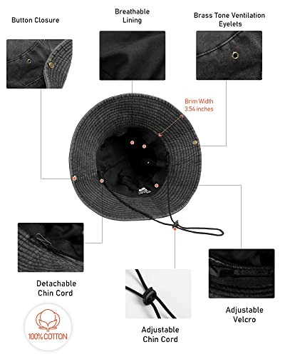 Wide Brim Bucket Sun Hat Packable Cotton Washed Upf 50 Beach Hat For Women Men With Strings Cowboy Outdoor Safari Boonie Cap Black #TOP4