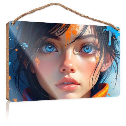 Décoration murale de salle de bain amusante « A Young Girl with Striking Blue Eyes and Vibrant Orange Highlights in Her Hair » à suspendre pour porche...