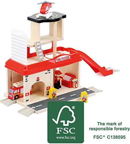 Small Foot Feuerwache mit Feuerwehrauto, Feuerwehrmann und Hubschrauber, ab 3 Jahren, 10900 Eisenbahnzubehör, Mehrfarbig