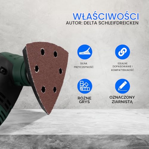 Trójkąty szlifierskie Delta │ 60 sztuk │ 6 otworów │ 93 x 93 x 93 mm │ po 10 x ziarno 40/60/80/120/180/240 │ do szlifierek delta │ arkusze szlifierskie │ trójkątne podkładki szlifierskie │ papier