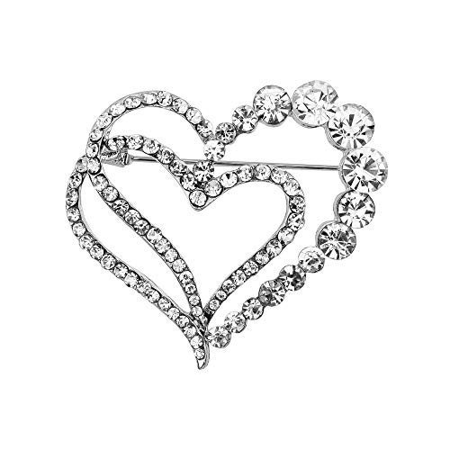 WLLAY Double Heart Brooch for Women Cluster Micro Pave Clear Austrian Crystal Love Heart Brooch Pin