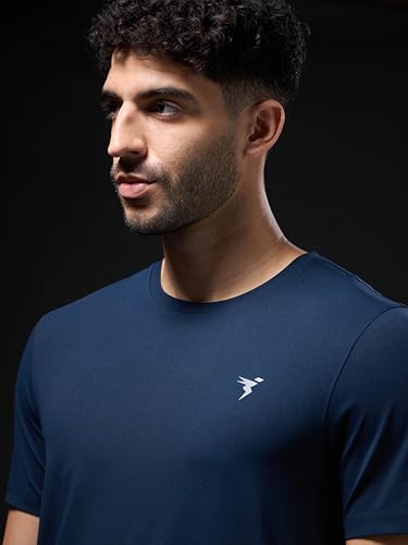 Image of TECHNOSPORT Men's Slim Fit Solid Crew Neck T-Shirt, Cotflex Quick Dry Wrinkle Resistant Polyester Sports Tee for Gym, Running, Training, Sports