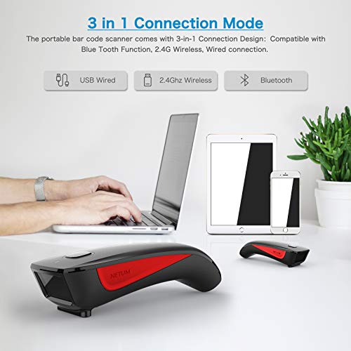 Image of NETUM Mini Barcode Scanner Bluetooth Compatible, Small Portable USB Bar Code Scanner for Inventory, 2.4G Cordless Image Reader for Tablet iPhone iPad Android iOS PC POS (2D-C990-Red)