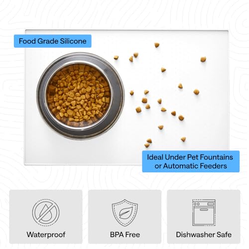 Image of GORILLA GRIP 100% Waterproof Raised Edge BPA Free Silicone Pet Feeding Mat, Dog Cat Food Mats Contain Spills Protects Floors, Placemats for Cats and Dogs Water Bowl, Pets Accessories 23x15 White