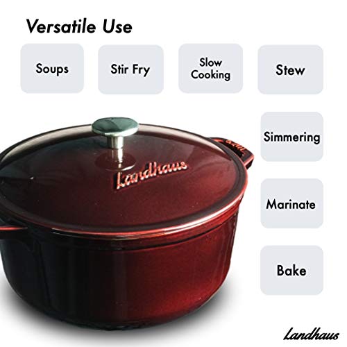 Landhaus Enameled Cast Iron Covered Dutch Oven, Pot with Lid and Two Knobs Included – 6.2 Quart (QT), Natural Non-Stick Slow Cook Enamel Self-Basting Cookware, Merlot Red Exterior with Cream Interior 2 Gallery Image