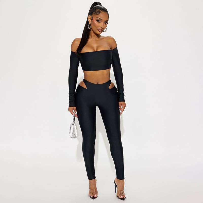 Womens Two Piece Set Off The Shoulder Long Sleeve Crop Top High Waist Hollow Bodycon Pant Sexy Out Going Club Outfit - Image 3