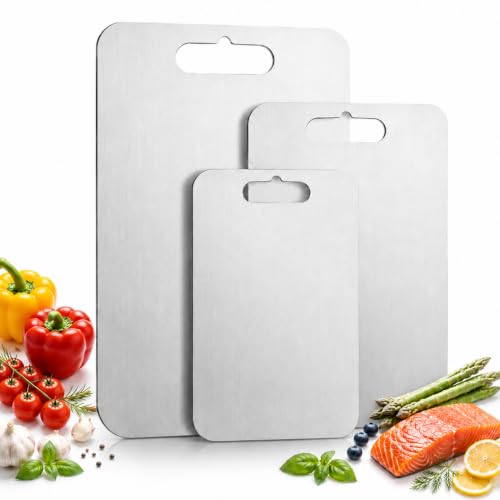 Image of 100% Pure Titanium Cutting Board Set of 3, Dishwasher Safe Kitchen Boards | 3-Piece Double-Sided Non-Toxic Cutting Board,Vegetables, Fruits, Raw and Cooked Food Prep,Features Handle (M+L+XL）