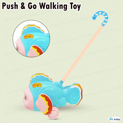Image of FunBlast Pull Along Fish Toy for Kids - Push & Go Walking Toy, Early Learning Crawling Toys for Toddlers, Colorful Pull Toys for Boys & Girls (Multicolor) (Blue)