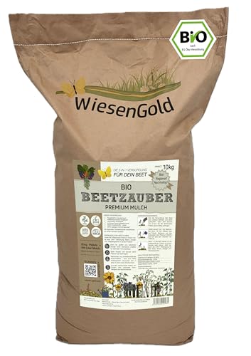 Rindenmulch Alternative, Torfersatz, natürlicher Staudendünger, WiesenGold® Bio-HeuGartenStreu (9kg) – natürlicher Premium Mulch für dein Beet, Schützt vor Unkraut 3in1