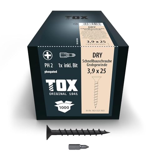 TOX Viti per cartongesso DRY GG 3,9 x 25 mm, viti fosfatate nere con testa a tromba + filettatura grossa, cartongesso su sottostruttura in legno, PH2, 1000 pezzi, incl. 1x punta, 142353213925