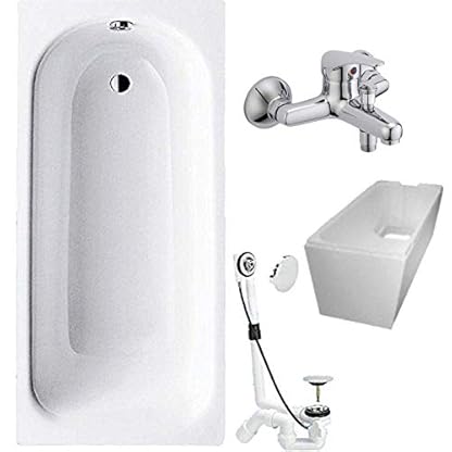 Badewanne 4-in-1 KOMPLETT SET Stahl Rechteckwanne 160 x 70cm weiß inkl. Wannenträger, Ablaufgarnitur und Wandarmatur