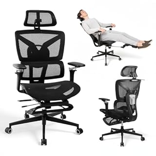 Rieior Chaise de Bureau Ergonomique Grand et Haut avec Repose-Pieds, Accoudoirs Réglables 5D, Support Lombaire, Dossier en Maille Inclinable, Siège Profondeur Réglable, Chaise Gamin, Noire
