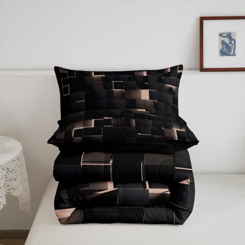 Image of Erosebridal Black and Pink Bedding Set Queen Neon Geometric Checkered Comforter Set for Kids Girls Teen,Tereoscopic Grids Comforter Square Plaid Quilt Duvet Room Decor 3 Pcs