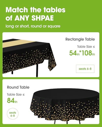Image of Pureegg Plastic Table Cloth Disposable 8 Pack, 54 x 108 Inch, Table Runner Style, Graduation Decorations 2026, Party Tablecloths, Rectangle, Plastic Cover, Leakproof & Sturdy, Black Gold