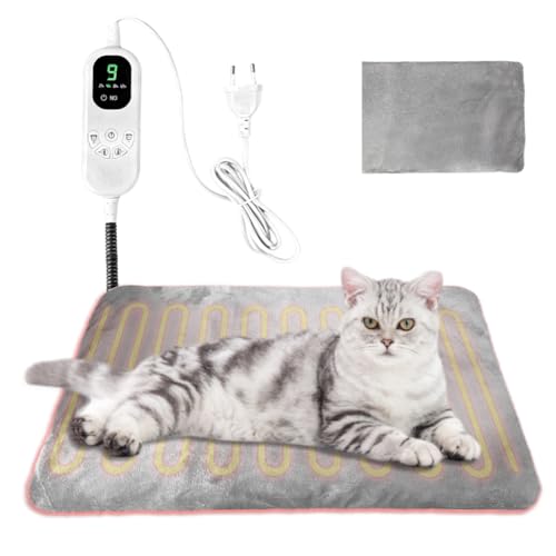 Piashow Heizdecke Katze, Elektrische Heizmatte Haustier Heizkissen, 9 Temperaturstufen (35–46 ℃) & 4 Intelligenter Timer (2/4/8/12H), Wasserdicht, Flammhemmend, mit bissfestem (45X45CM)