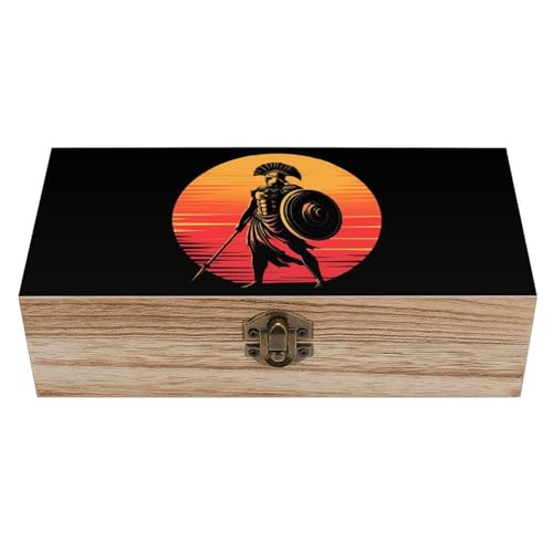 Ancient Greek Warrior Wooden Storage Box Organizer with Hinged Lid and Front Clasp Keepsake Chest Home Decor