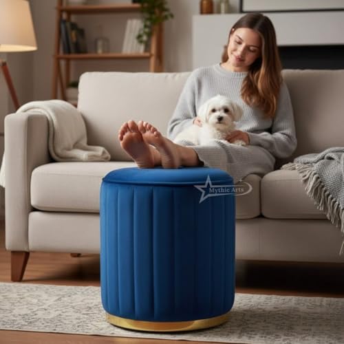 Image of Upholstered Round Linen Strip Stool Living Room Foot Rest Office Stool Pouf Ottoman Padded Seat - Blue