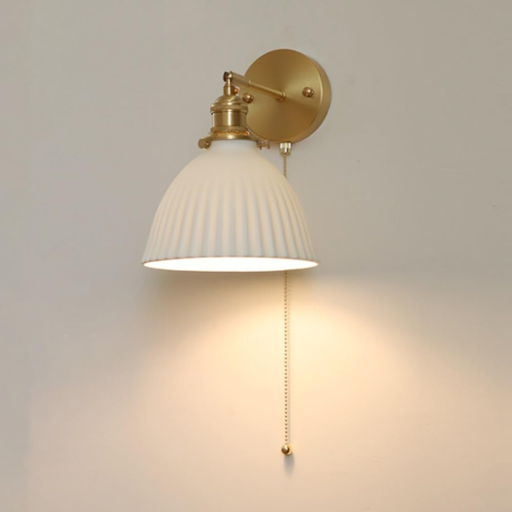 KBUUKYYXouy Ceramics Wall Sconce, Pull Switch in Wall Sconce Adjustable Angle Wall Lights E27 Base 1-Light Wall Lamp, Gold Wall Mounted Light for Bedside Bedroom Study Doorway