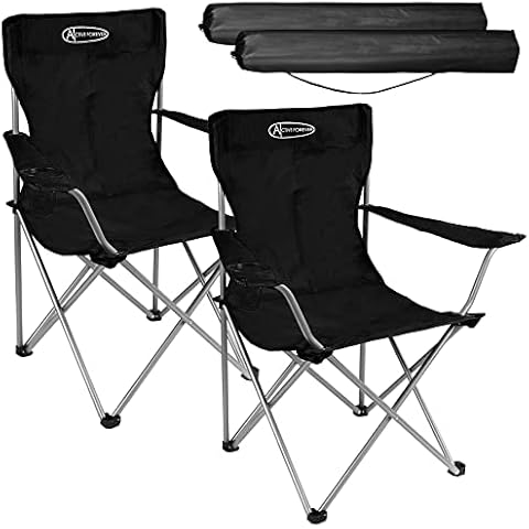 ACTIVE FOREVER Campingstuhl Faltbar 2er Set, Klappstuhl Leichter Tragbarer Stuhl mit Getränkehalter und Armlehnen, bis 100kg Belastbar, Angelstuhl für Camping, Strand, Garten, Grillen, Angeln-Schwarz Cover