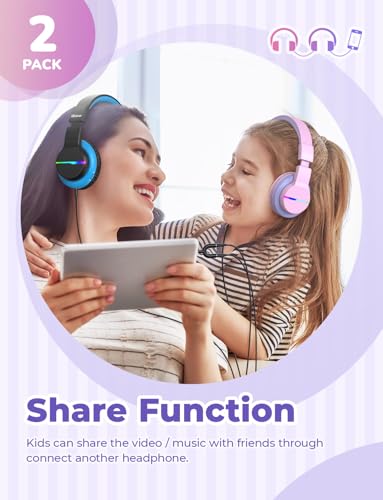 Image of iClever BTH12 Kids Bluetooth Headphones 2 Pack,Colorful LED Lights Wireless Kids Headphones,74 /85 /94dB Volume Limited,55H Playtime,Bluetooth 5.2,Over Ear Headphones for iPad /Tablet /Traveling