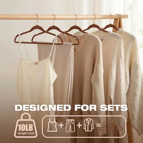 Image of ginoya Brothers Velvet Hangers,Non Slip Notched with Rose Gold Hook Coat /Suit Hangers,Space Saving 360 Degree Swivel Hook (Brown, 10 Count),Velvet