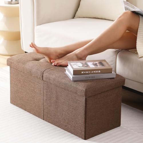 Image of Storage Ottoman Bench Foldable Footrest Foot Stool, 30 inch Fabric Brown | Small Ottoman Foot Rest Seat Shoe Bench Flip-Top forliving Room End of Bed Bedroom Couch Dorm, 80L Folding Upholstered Chair