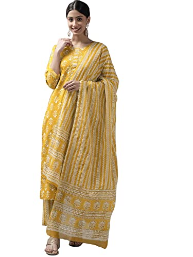 Image of YUFTA Women Sky Blue Floral Straight Kurta Trousers And Dupatta Set (1111SKDSB )