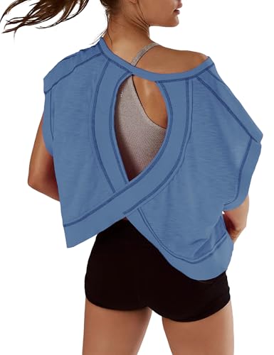 Kumufenc Womens Oversized Tshirts Open Back Batwing Sleeve Gym Shirts Boat Neck Slouchy Tees Workout Athletic Top(Blue M)