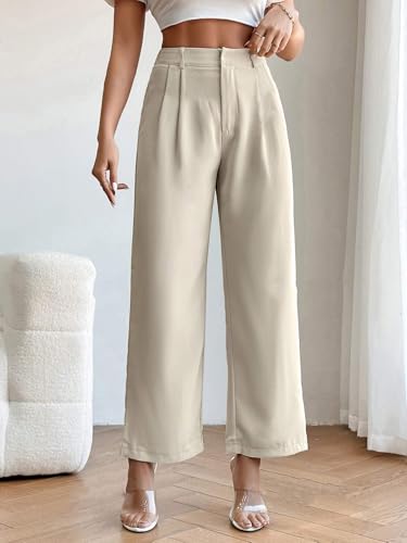Image of KATECLO Women's Wide Leg Pants | Beige Polyester Trousers | Stylish Korean Clothing | Flared, Straight Fit, Baggy, and Loose Jeggings for Girls and Women