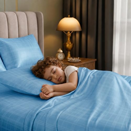 Image of LINENWALAS 300 TC Organic Bamboo Jacquard Check Flat Bedsheet for Double Bed, Silky Soft Sateen Weave | Breathable, Cooling & Hypoallergenic (Bahamas Blue, 90 inchx100 inch)