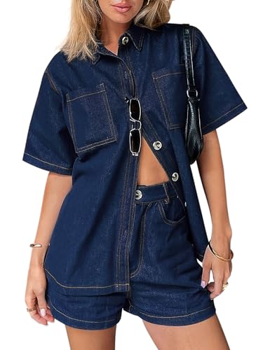 BISUAL Womens Denim Set Casual Short Sleeve Denim Top and jeans Shorts Lounge Sets Summer Two Piece Sets For Women Outfits Outfits Dark Blue US M