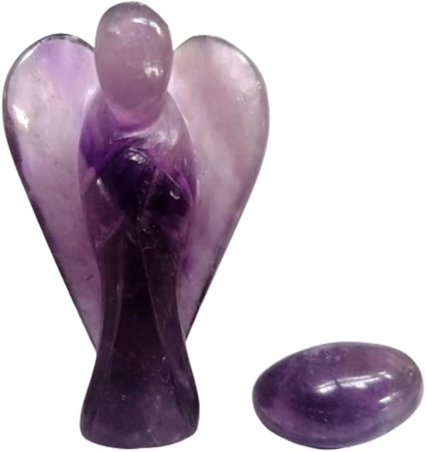 Amethyst Guardian Angel Hand Carved 2 Inch Crystal Pocket Natural Gemstone Statue Mini Figurine Ornament Decoration, Reiki Healing Spiritual Stones Including*Extra*25mm Amethyst Tumble Stone Gift Box
