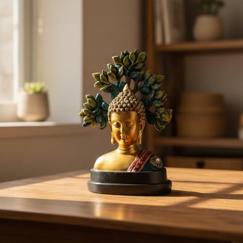 Image of eCraftIndia Buddha Statue with Bodhi Tree | Meditation Buddha Idol for Home Decor Pooja Room Office Gift (Multicolor)