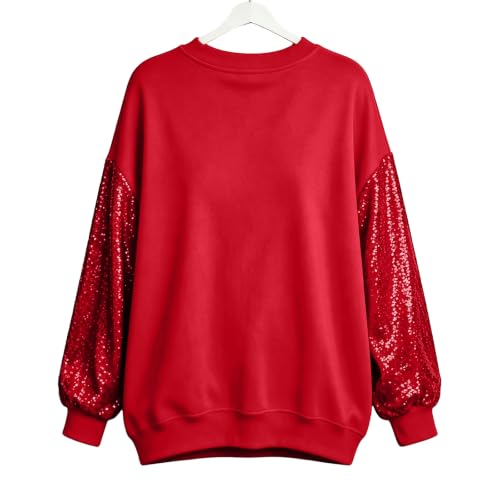 Sequin Tops Women Oversized Patchwork Sleeve Sparkly Sweatshirts Red S - image 5