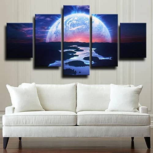 Tableau peinture paysage spatial pour salon chic, deco modulaire 5 panneaux