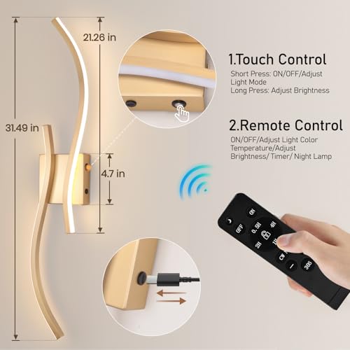 Image of CANEOE Battery Operated Wall Sconces with Remote Control, Rechargeable Dimmable Touch Wall Sconces Set of Two, 3000K-6500K LED Wireless Wall Light for Living Room Bedroom Hallway,31.5inch(Gold)