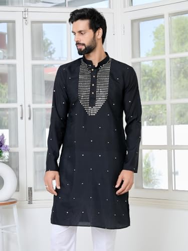 Image of See Designs Men's Full Sleeve Mandarin Collar Sequins Embroidered Chanderi Straight Long Kurta with Yoke Design - Festive Collection