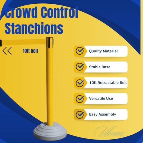 Vilmon 6 Pack 42Inch Crowd Control Stanchions with 10ft Yellow Retractable Belt Crowd Control Barriers 13 Inch Water-Filled Base Retractable Stanchions for Traffic Control (Yellow) - Thumbnail 2