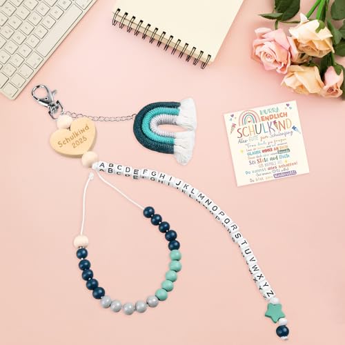 Matreeglam Einschulung Geschenk Rechenkette Schultüte Füllung Rechenkette 2025 Einschulung Geschenk Glücksbringer mit Grußkarte Regenbogen Papiertüten Regenbogen Aufkleber (Blau)