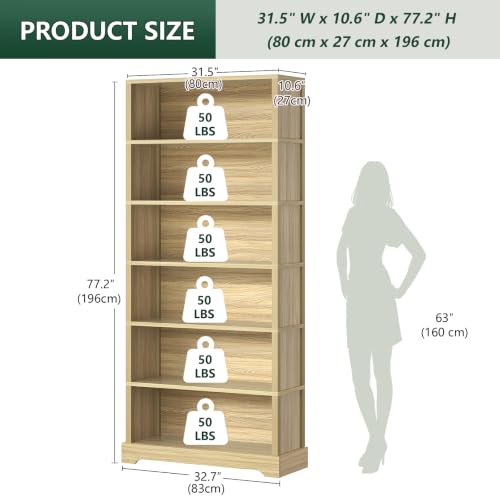 Image of TVU 6-Tier Wooden Bookshelf, 77.2 inch Tall Farmhouse Style Open Bookcase, 31.5 inch W Standing Book Shelf with Storage, Suitable for Study, Living Room, Office, Natural Wood Color