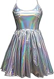 Going Out Dress for Women Rave Outfits Summer Musical Festival Clothes Holographic Wrap Circle Skater Dress(XL, 8069SR) Silver